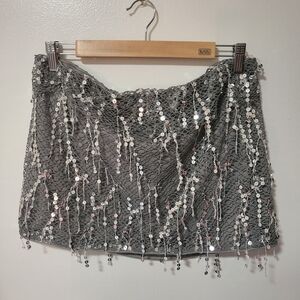 NWT PLT Silver Sequin Tassel Micro Mini Skirt - 12